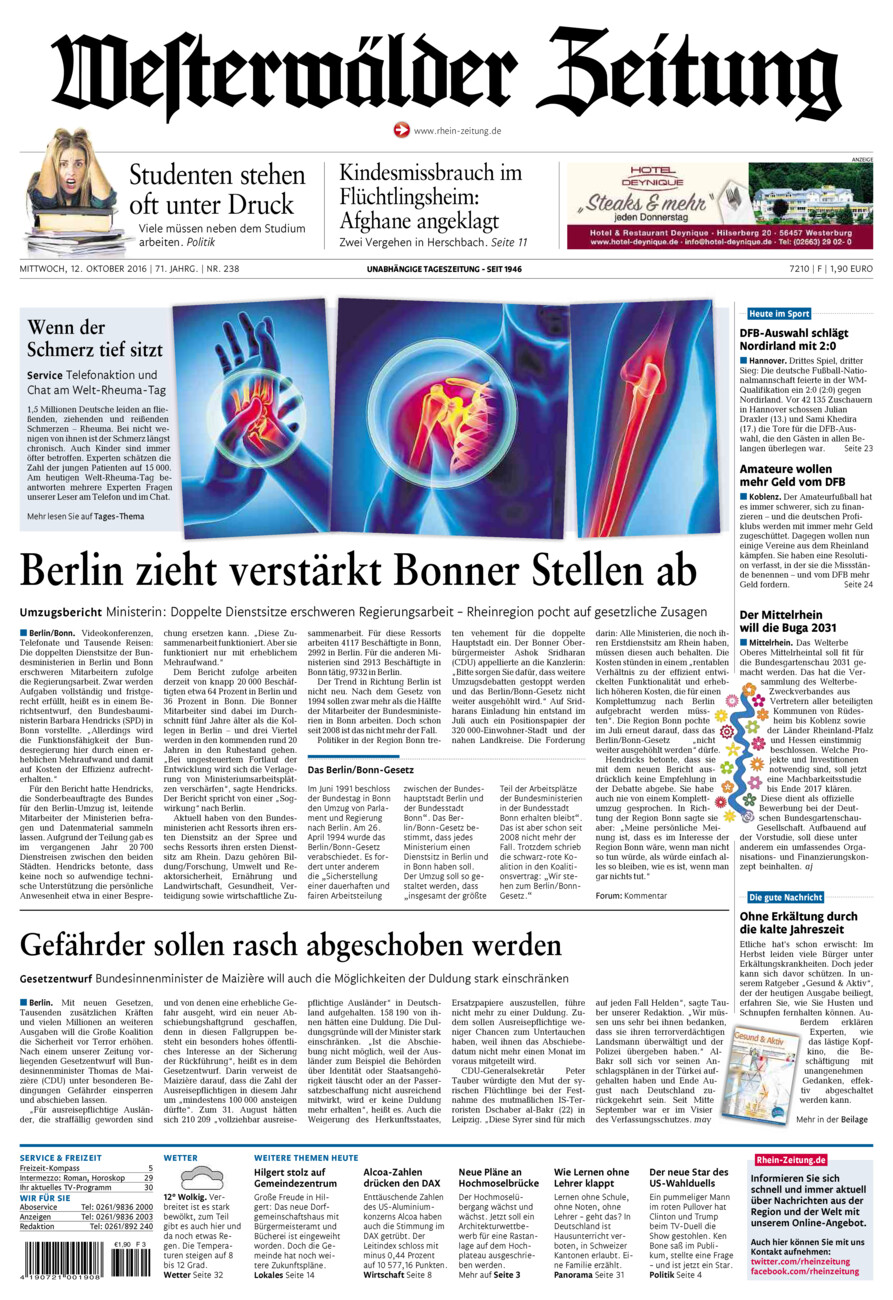 Westerwälder Zeitung vom Mittwoch, 12.10.2016