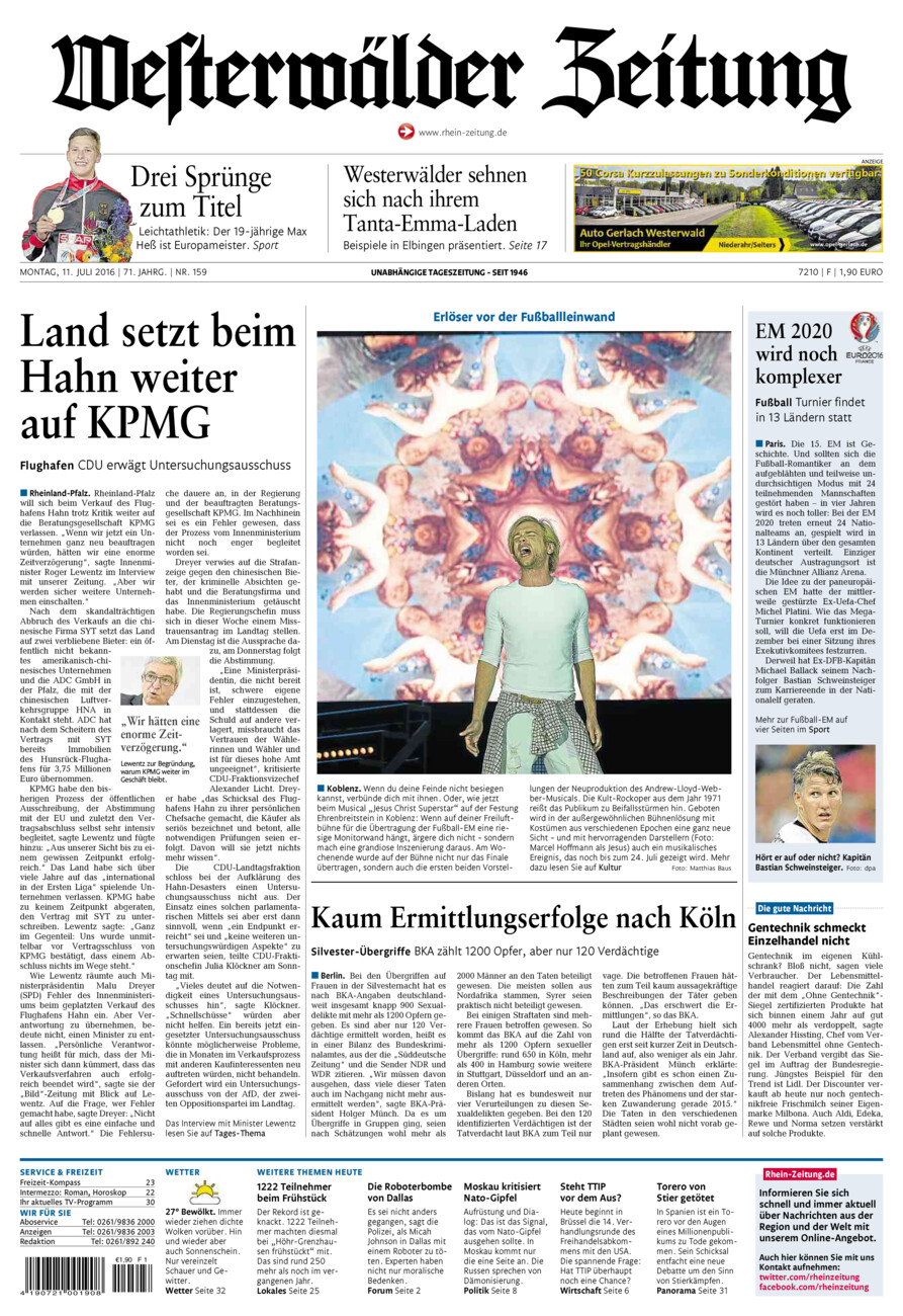 Westerwälder Zeitung vom Montag, 11.07.2016