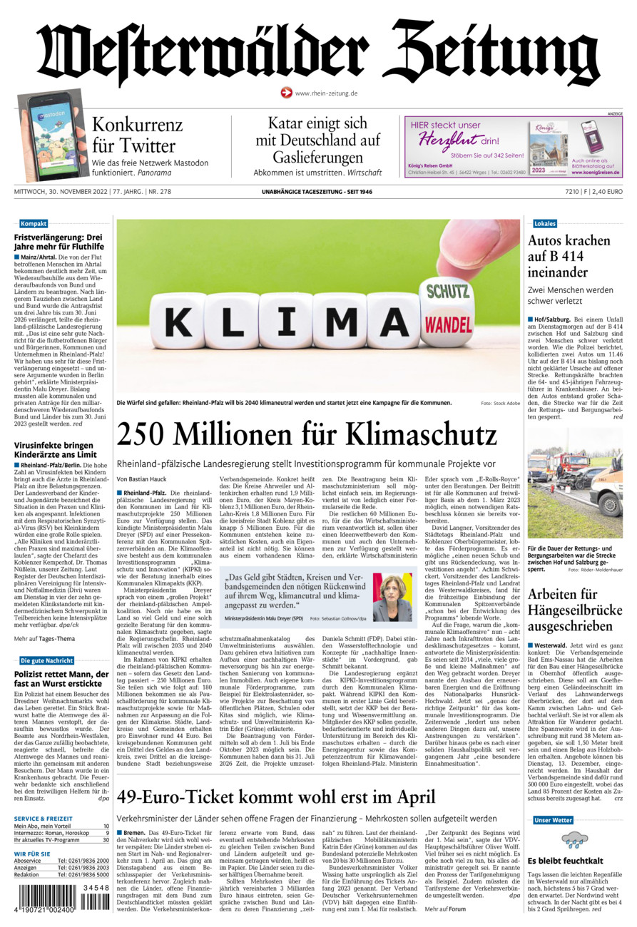 Westerwälder Zeitung vom Mittwoch, 30.11.2022