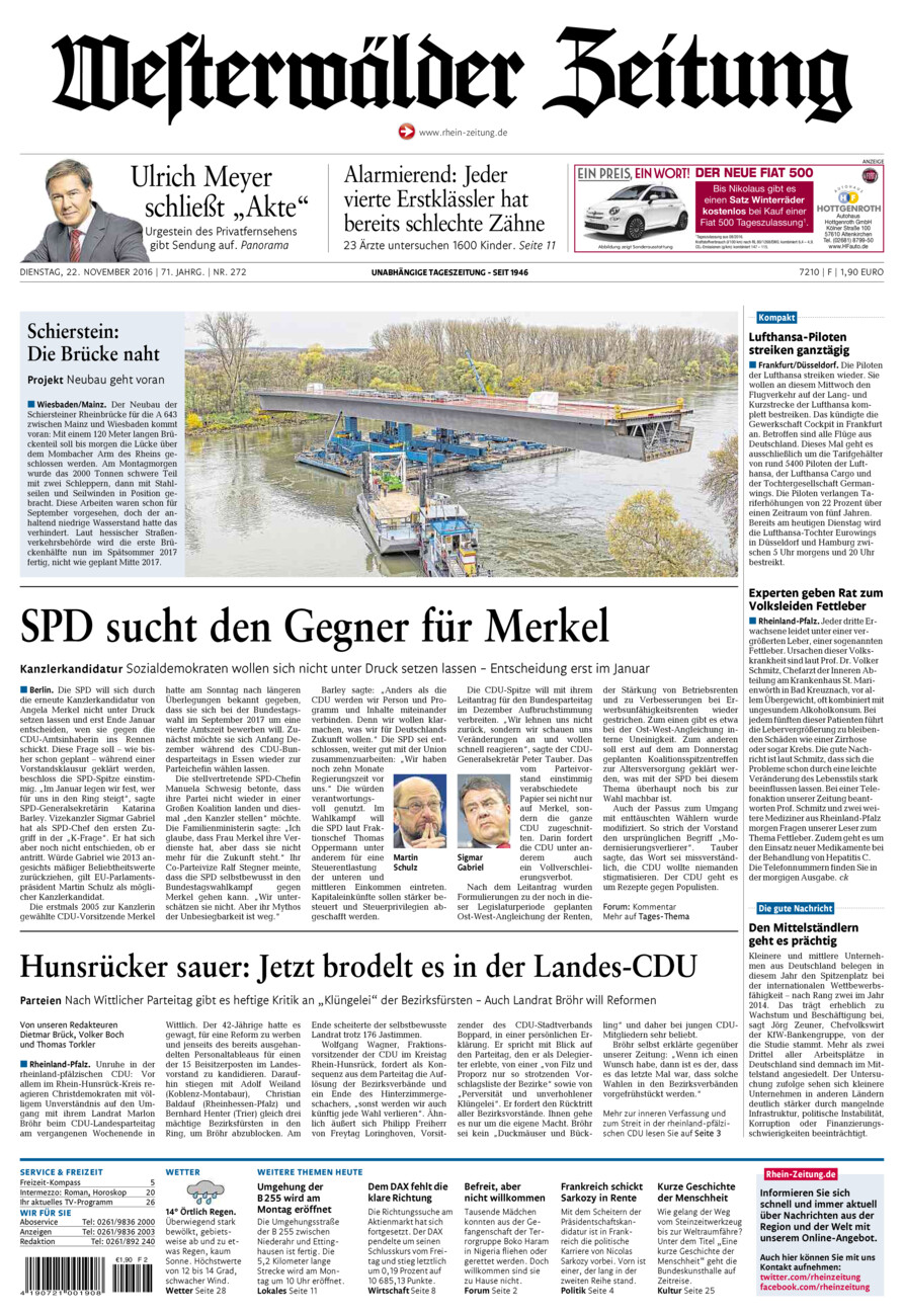 Westerwälder Zeitung vom Dienstag, 22.11.2016
