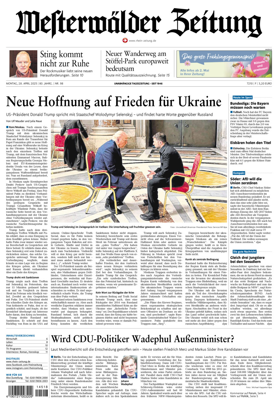 Westerwälder Zeitung vom Montag, 28.04.2025