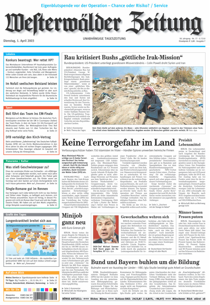 Westerwälder Zeitung vom Dienstag, 01.04.2003