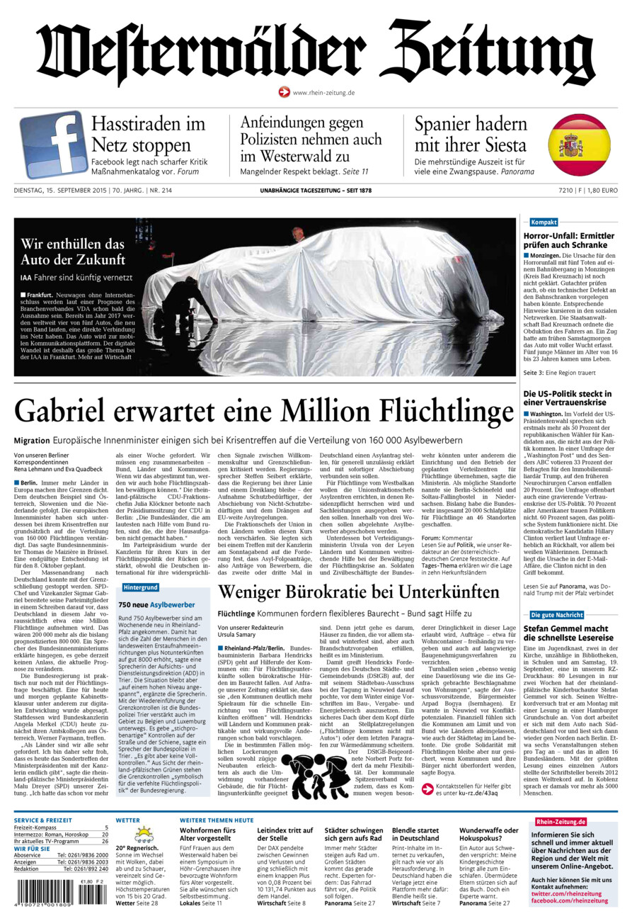 Westerwälder Zeitung vom Dienstag, 15.09.2015