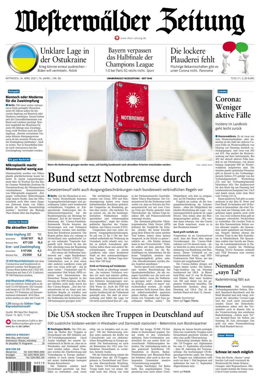 Westerwälder Zeitung vom Mittwoch, 14.04.2021