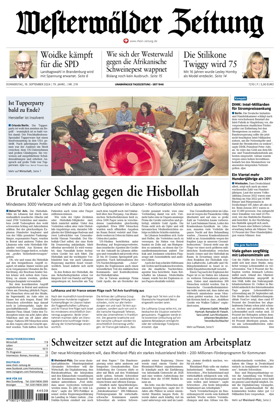 Westerwälder Zeitung vom Donnerstag, 19.09.2024