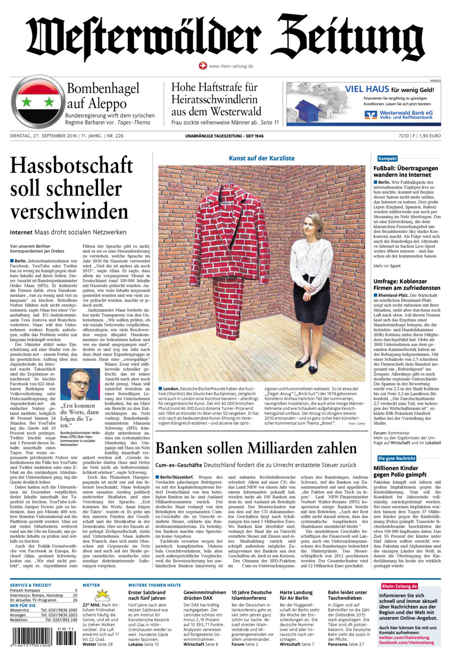 Westerwälder Zeitung vom Dienstag, 27.09.2016