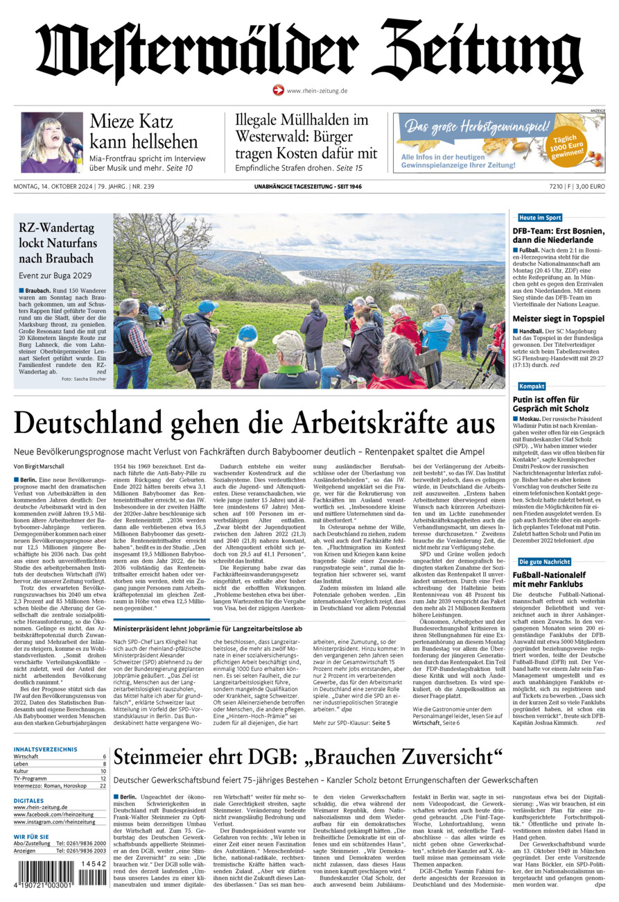 Westerwälder Zeitung vom Montag, 14.10.2024