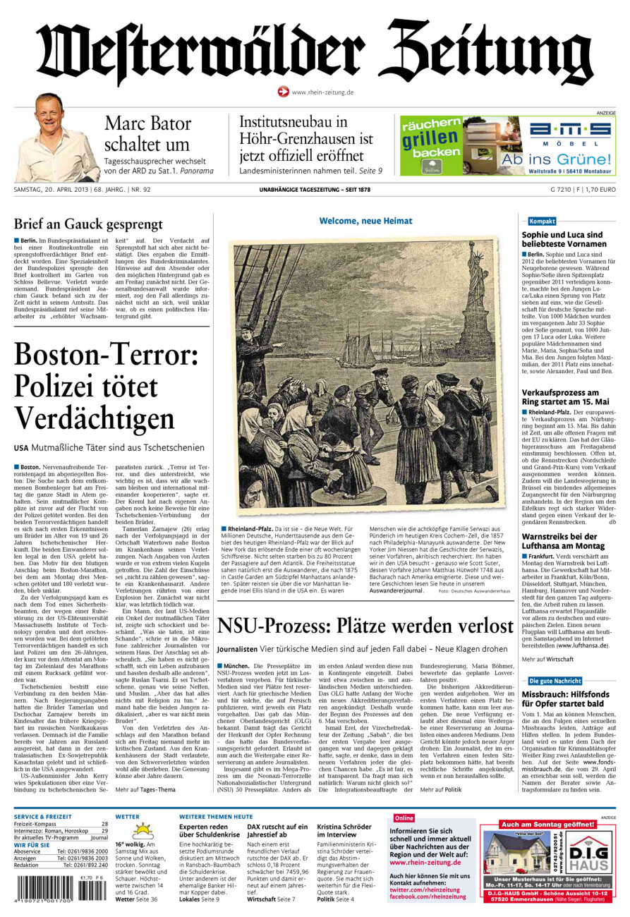 Westerwälder Zeitung vom Samstag, 20.04.2013