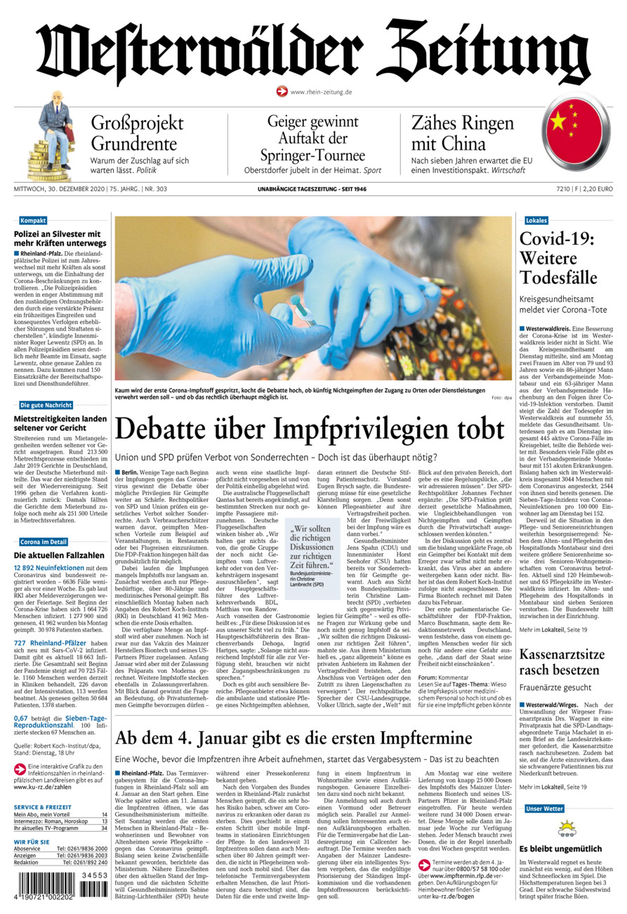 Westerwälder Zeitung vom Mittwoch, 30.12.2020