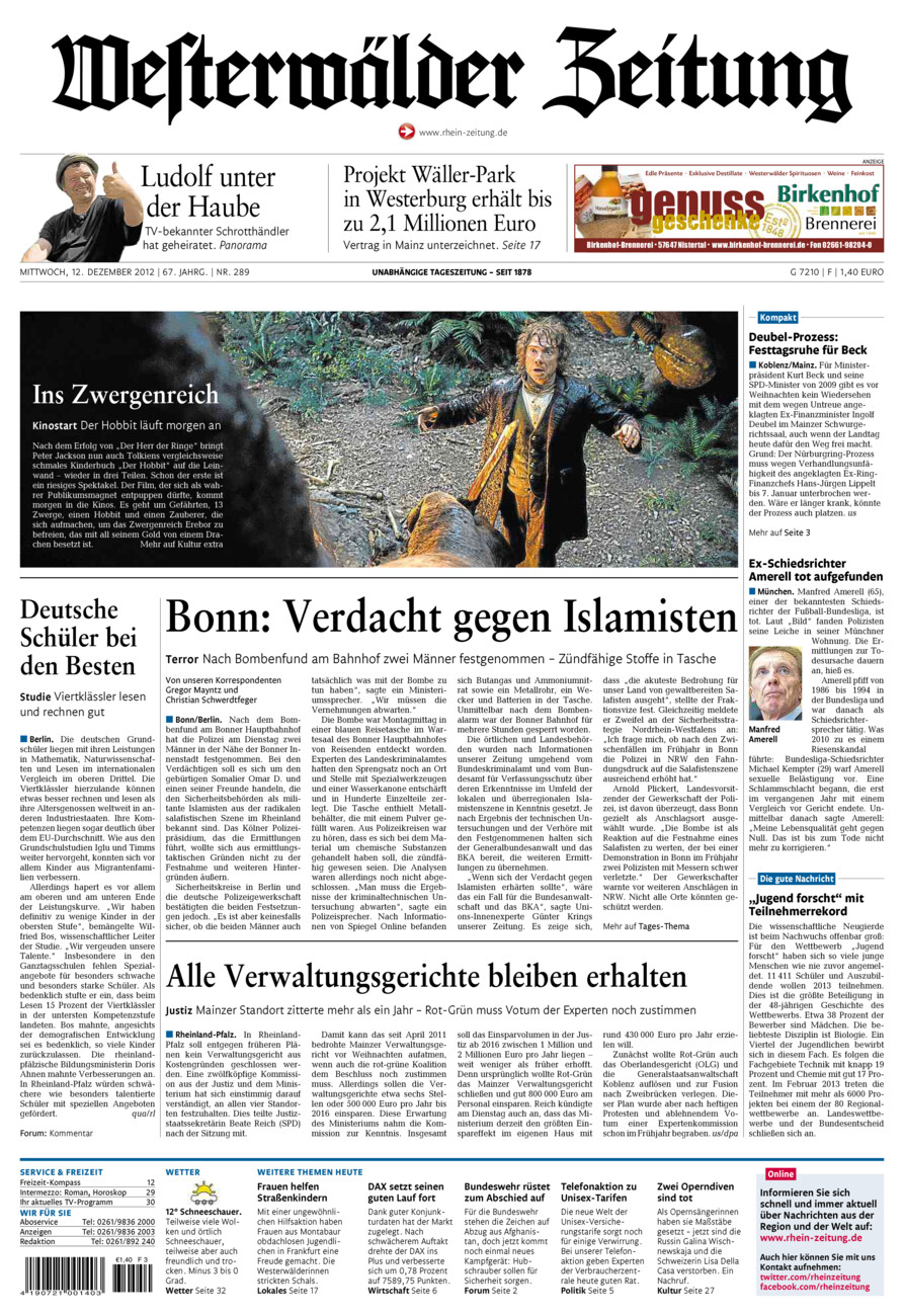 Westerwälder Zeitung vom Mittwoch, 12.12.2012