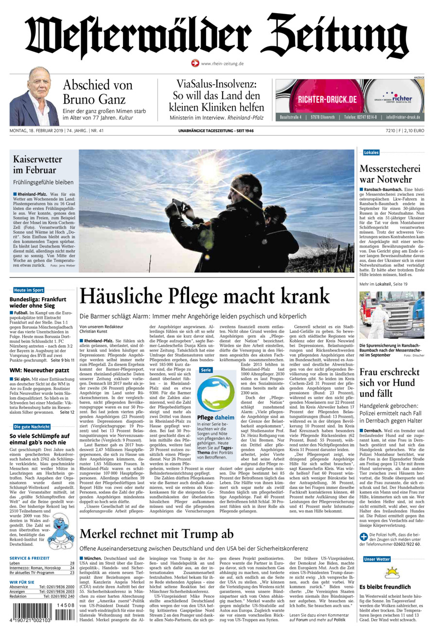 Westerwälder Zeitung vom Montag, 18.02.2019
