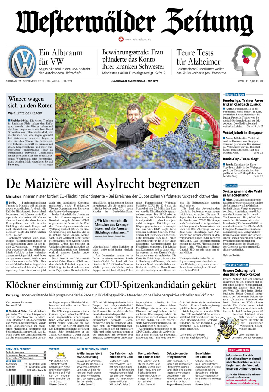 Westerwälder Zeitung vom Montag, 21.09.2015