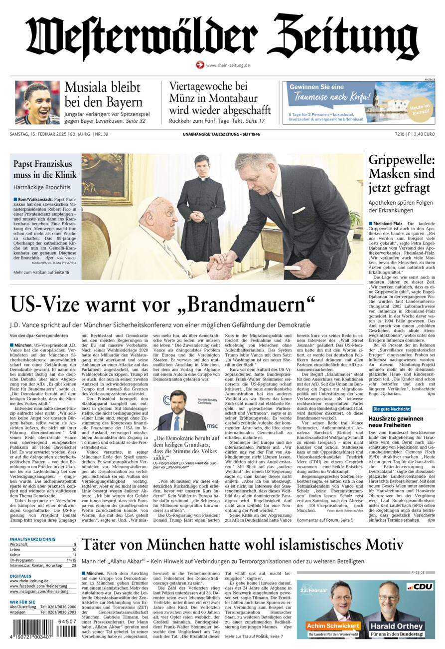 Westerwälder Zeitung vom Samstag, 15.02.2025