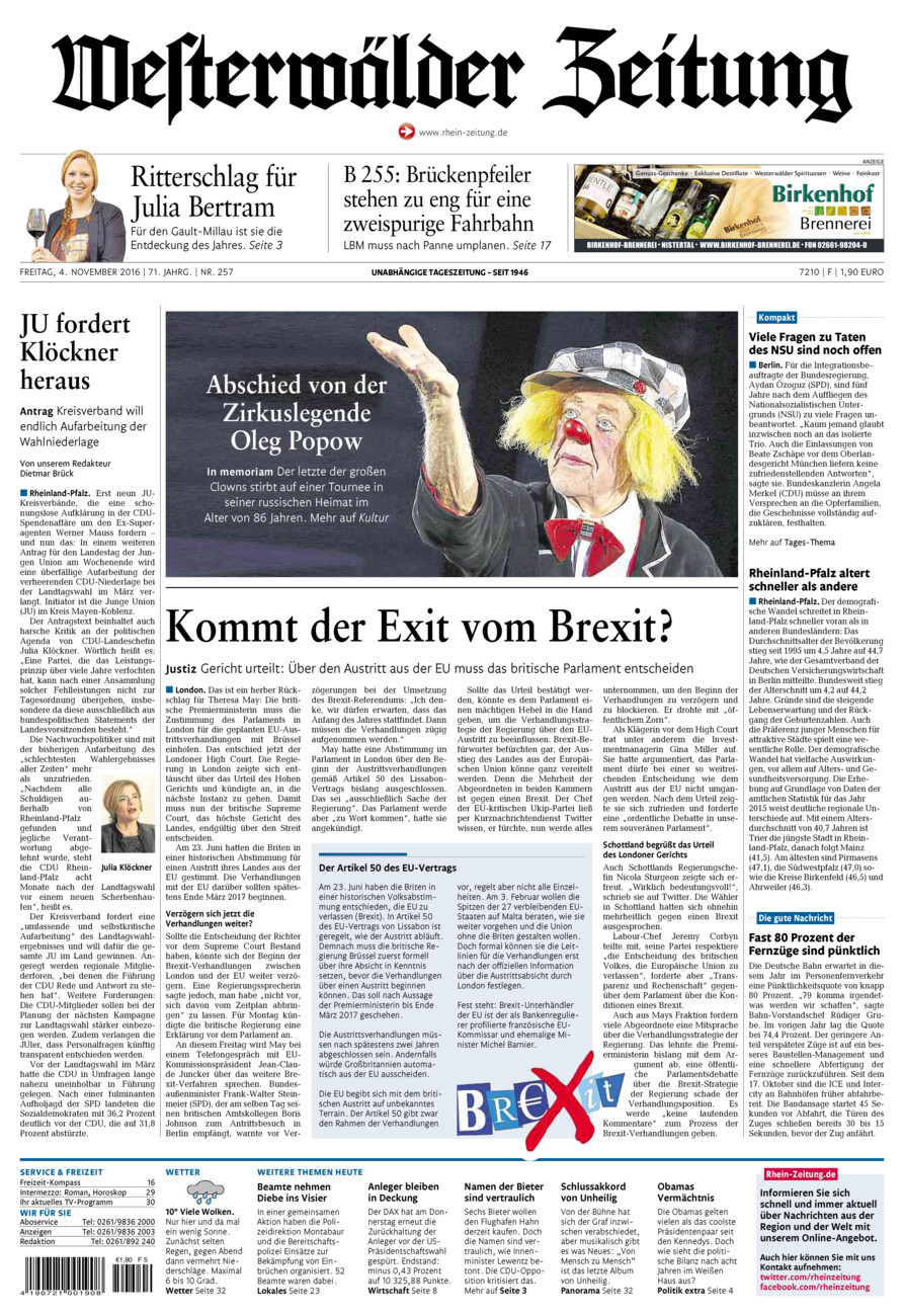 Westerwälder Zeitung vom Freitag, 04.11.2016