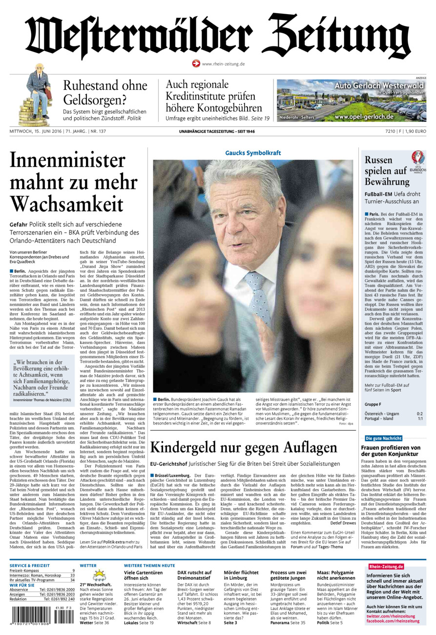 Westerwälder Zeitung vom Mittwoch, 15.06.2016