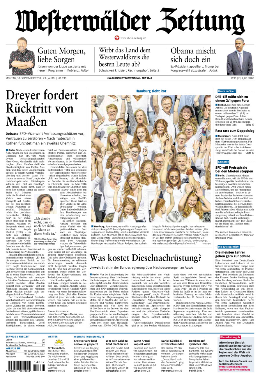 Westerwälder Zeitung vom Montag, 10.09.2018