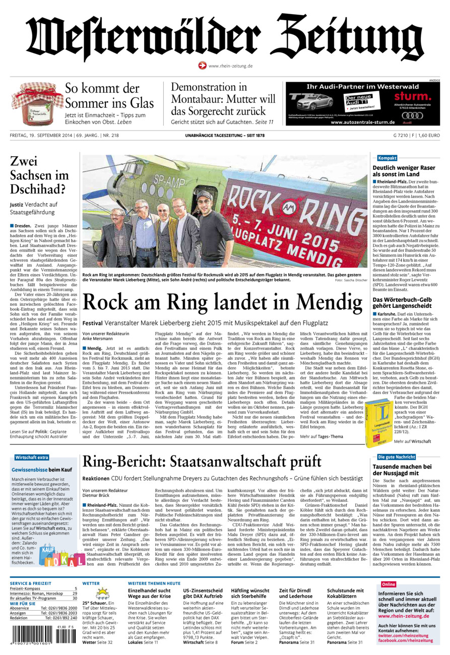 Westerwälder Zeitung vom Freitag, 19.09.2014