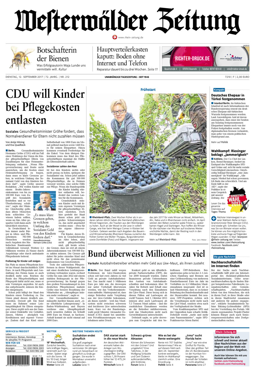 Westerwälder Zeitung vom Dienstag, 12.09.2017