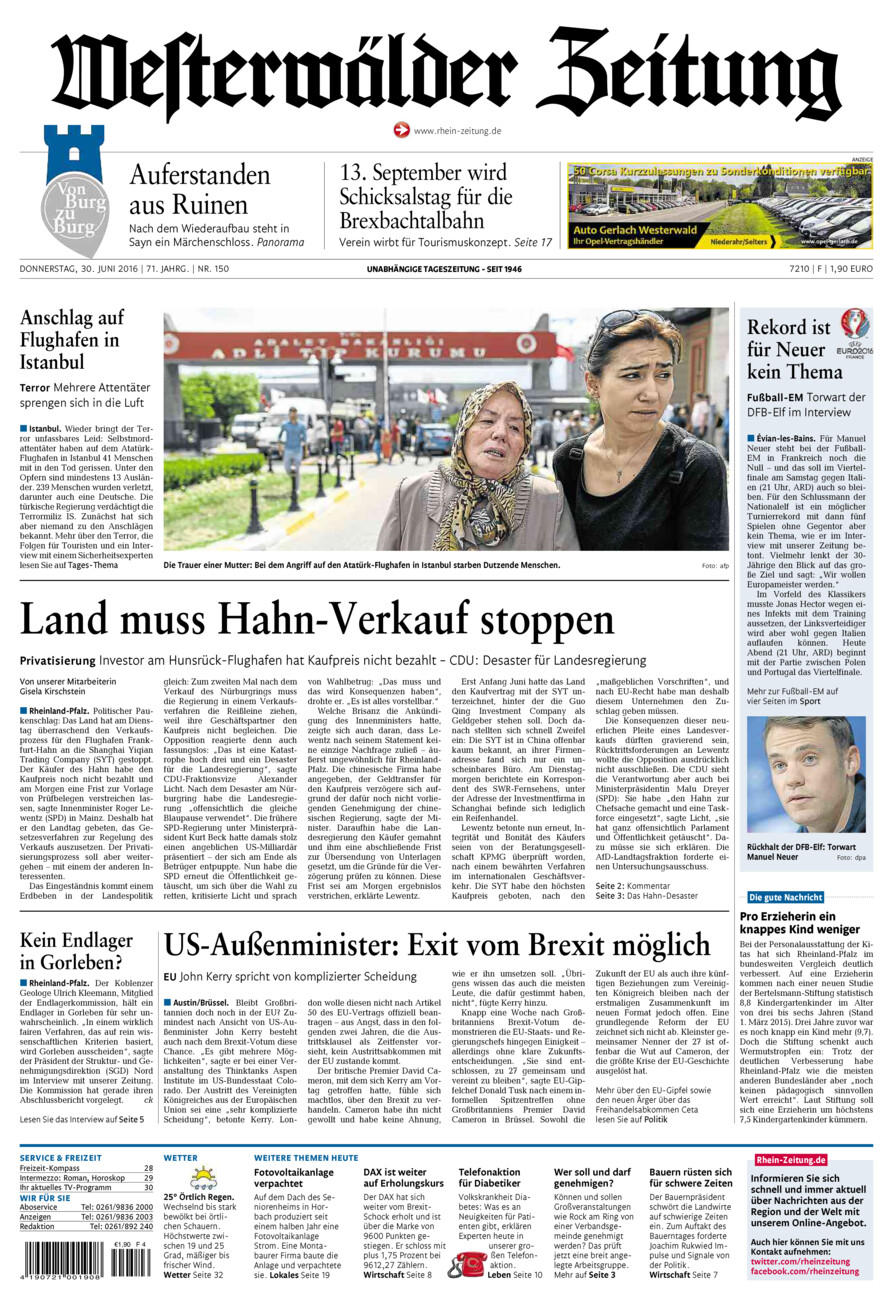 Westerwälder Zeitung vom Donnerstag, 30.06.2016