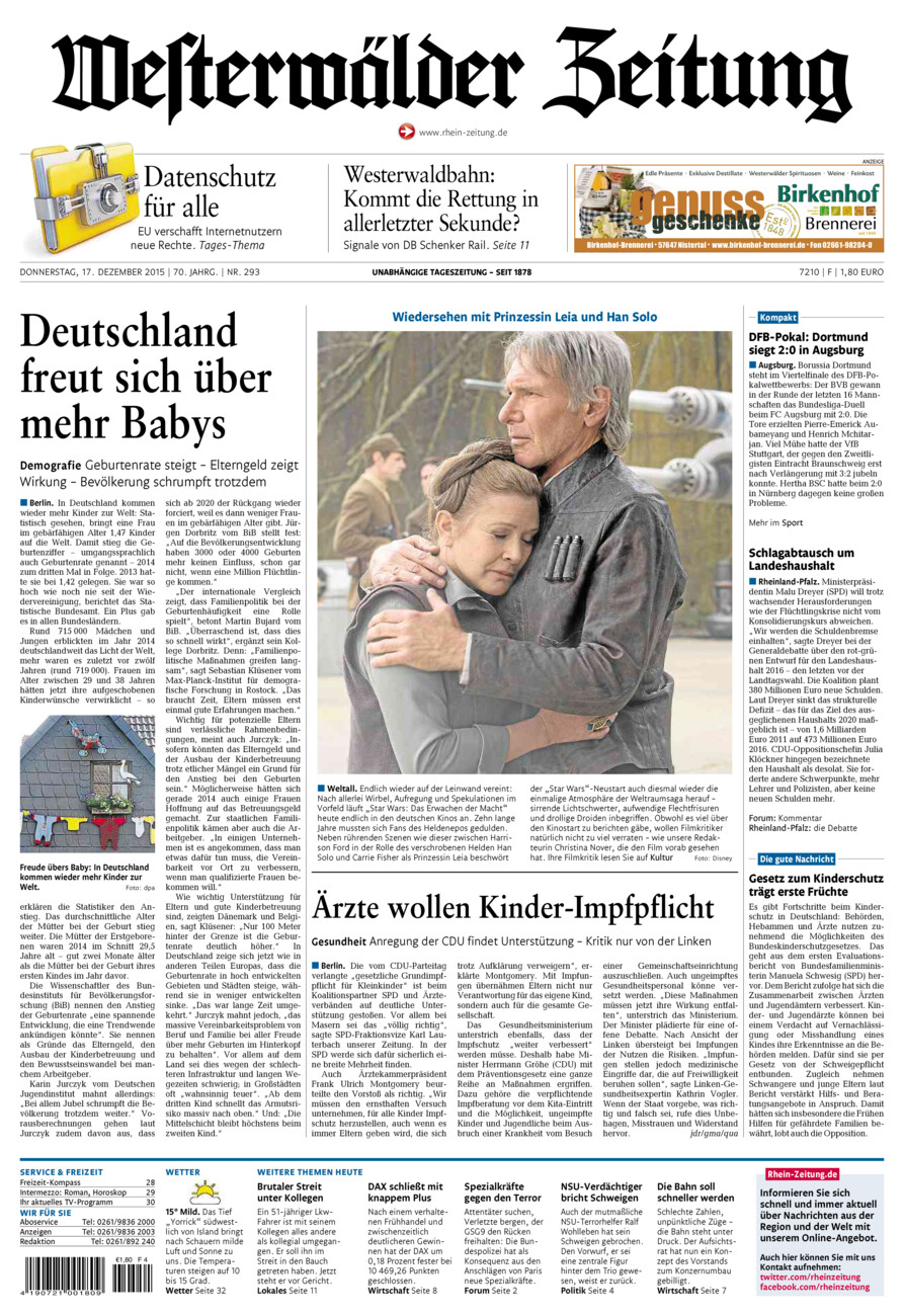 Westerwälder Zeitung vom Donnerstag, 17.12.2015