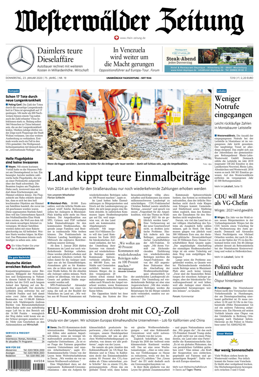 Westerwälder Zeitung vom Donnerstag, 23.01.2020