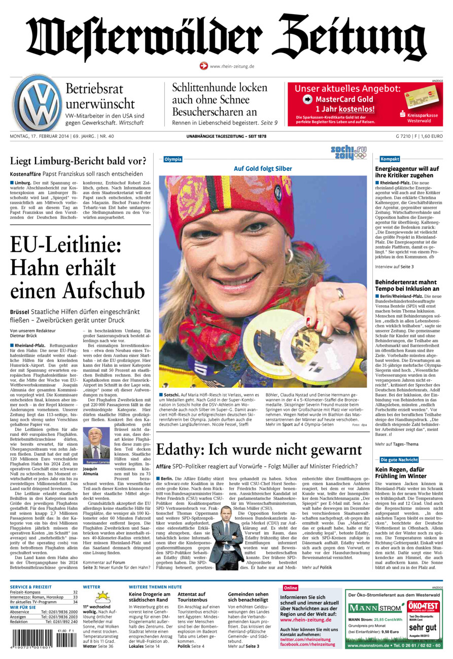 Westerwälder Zeitung vom Montag, 17.02.2014