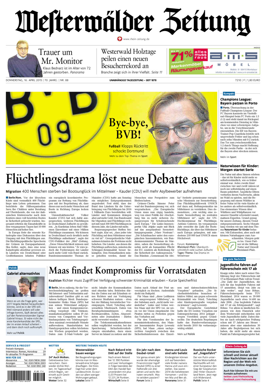 Westerwälder Zeitung vom Donnerstag, 16.04.2015