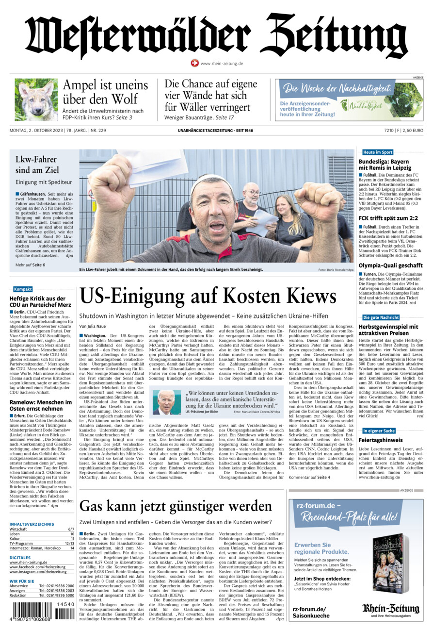 Westerwälder Zeitung vom Montag, 02.10.2023