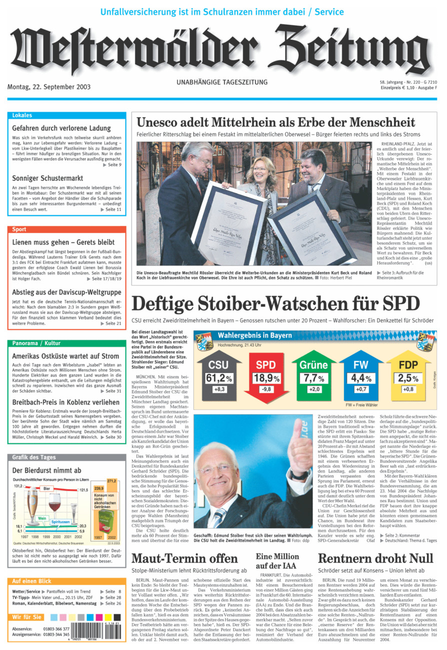 Westerwälder Zeitung vom Montag, 22.09.2003