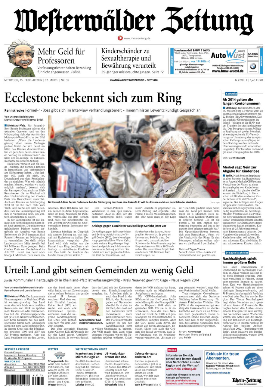 Westerwälder Zeitung vom Mittwoch, 15.02.2012