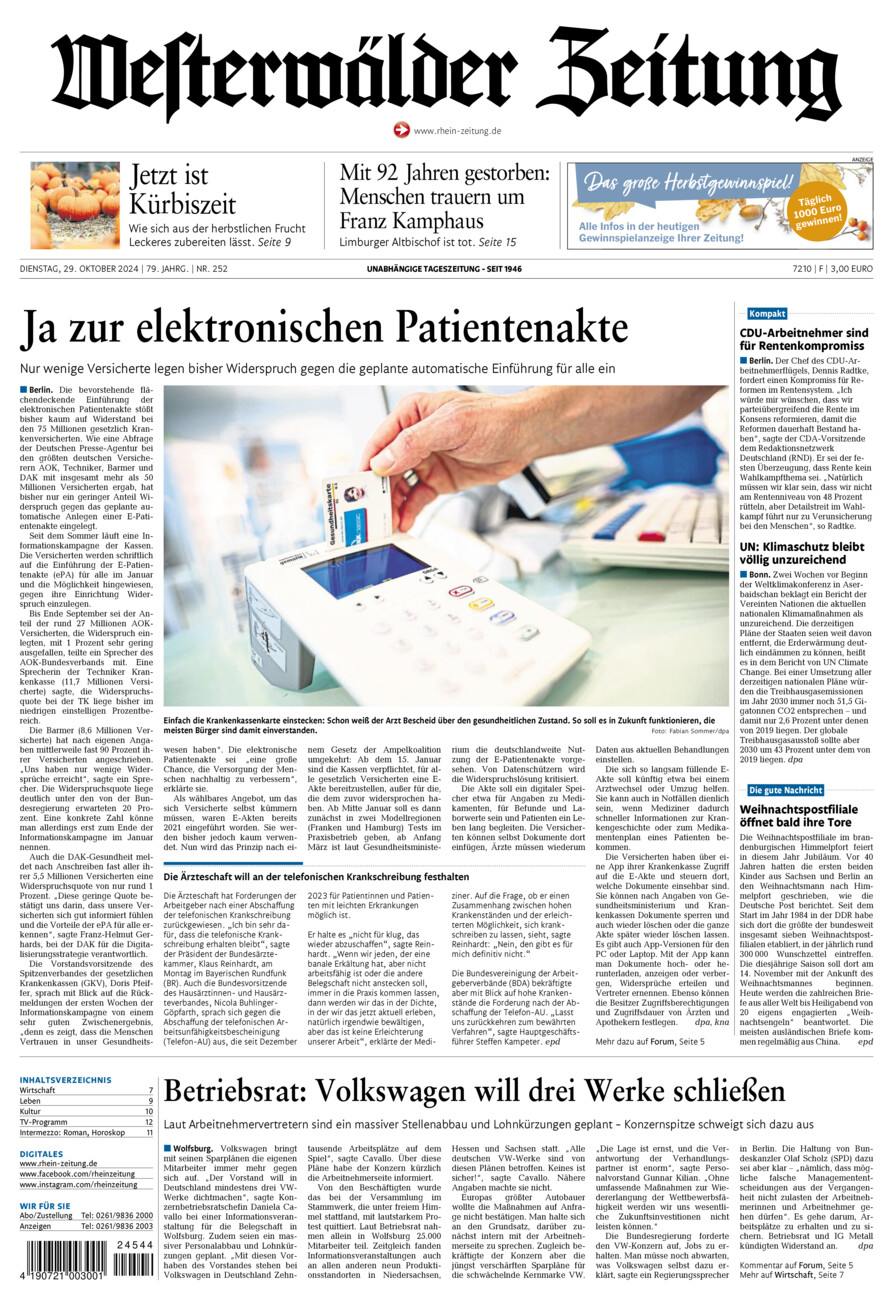 Westerwälder Zeitung vom Dienstag, 29.10.2024