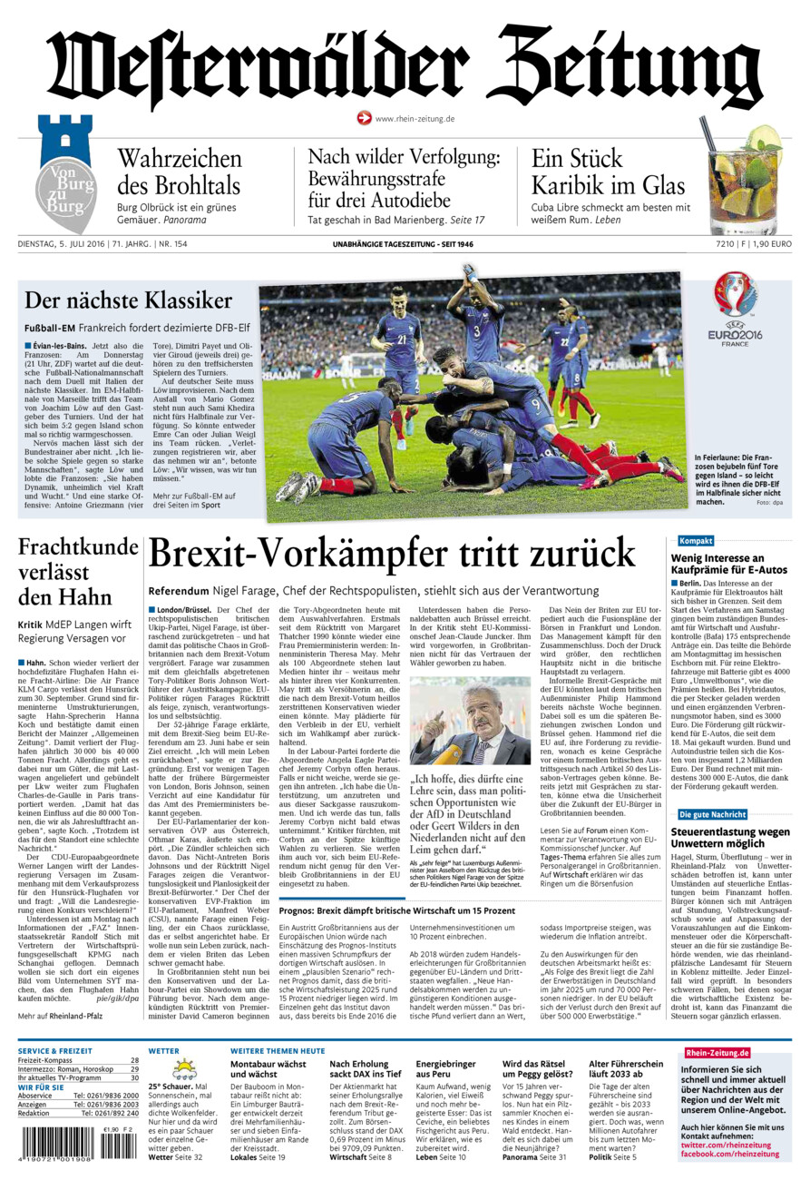 Westerwälder Zeitung vom Dienstag, 05.07.2016