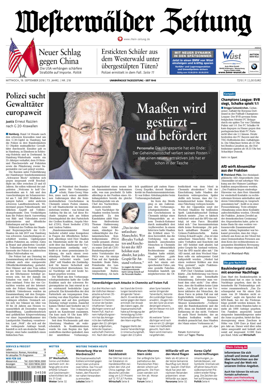 Westerwälder Zeitung vom Mittwoch, 19.09.2018
