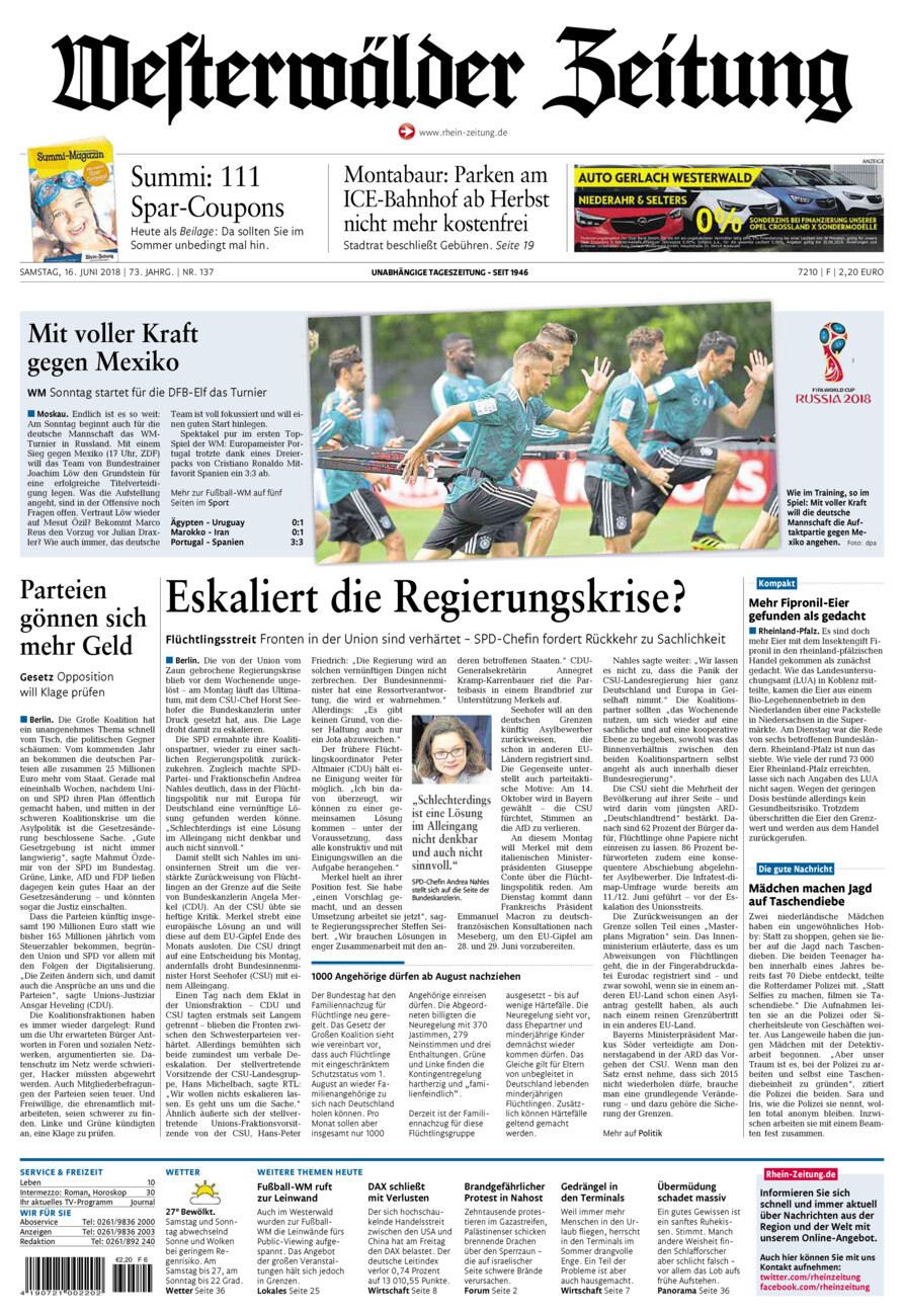 Westerwälder Zeitung vom Samstag, 16.06.2018