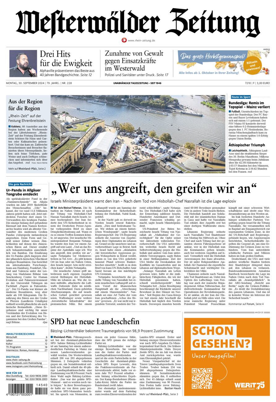 Westerwälder Zeitung vom Montag, 30.09.2024