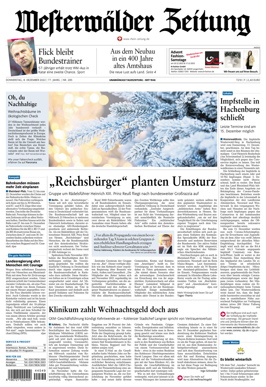 Westerwälder Zeitung vom Donnerstag, 08.12.2022