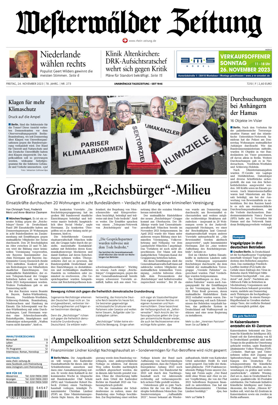 Westerwälder Zeitung vom Freitag, 24.11.2023