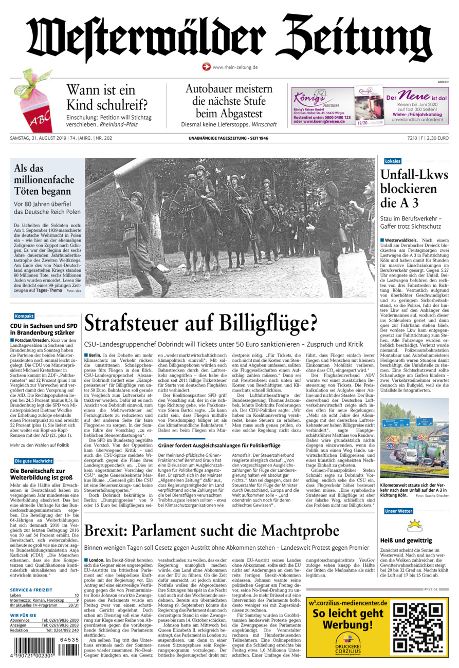 Westerwälder Zeitung vom Samstag, 31.08.2019