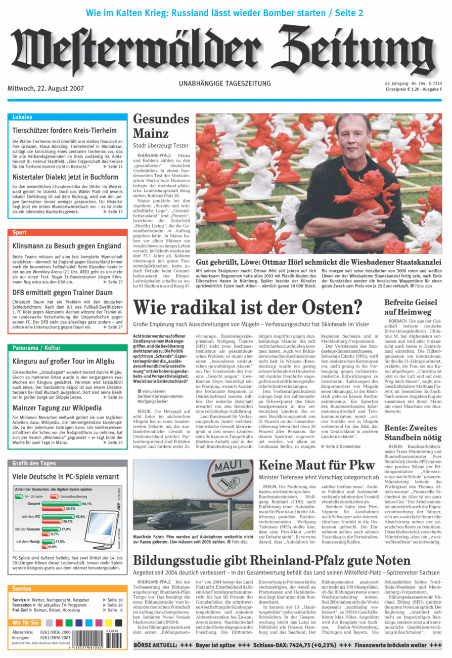 Westerwälder Zeitung vom Mittwoch, 22.08.2007