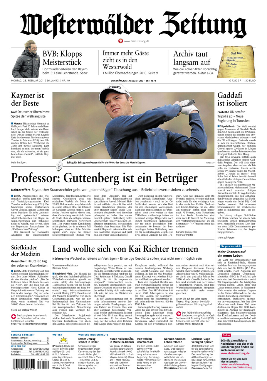 Westerwälder Zeitung vom Montag, 28.02.2011