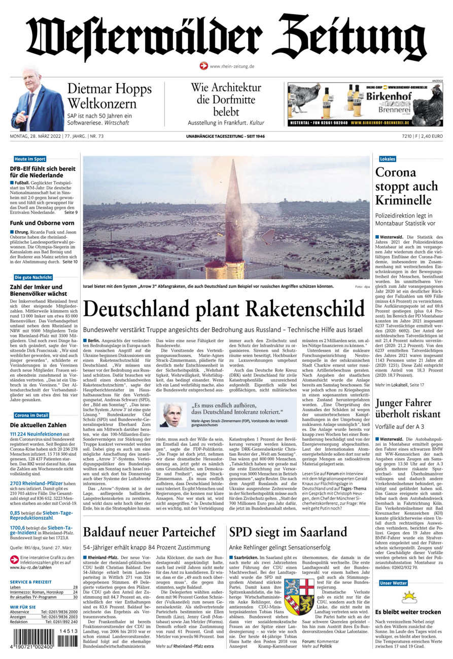 Westerwälder Zeitung vom Montag, 28.03.2022