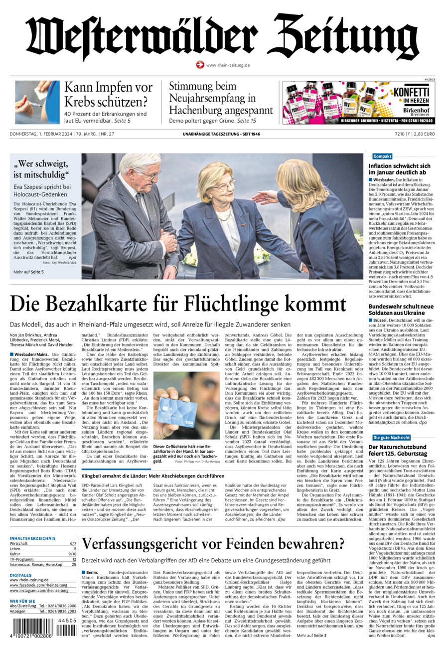 Westerwälder Zeitung vom Donnerstag, 01.02.2024