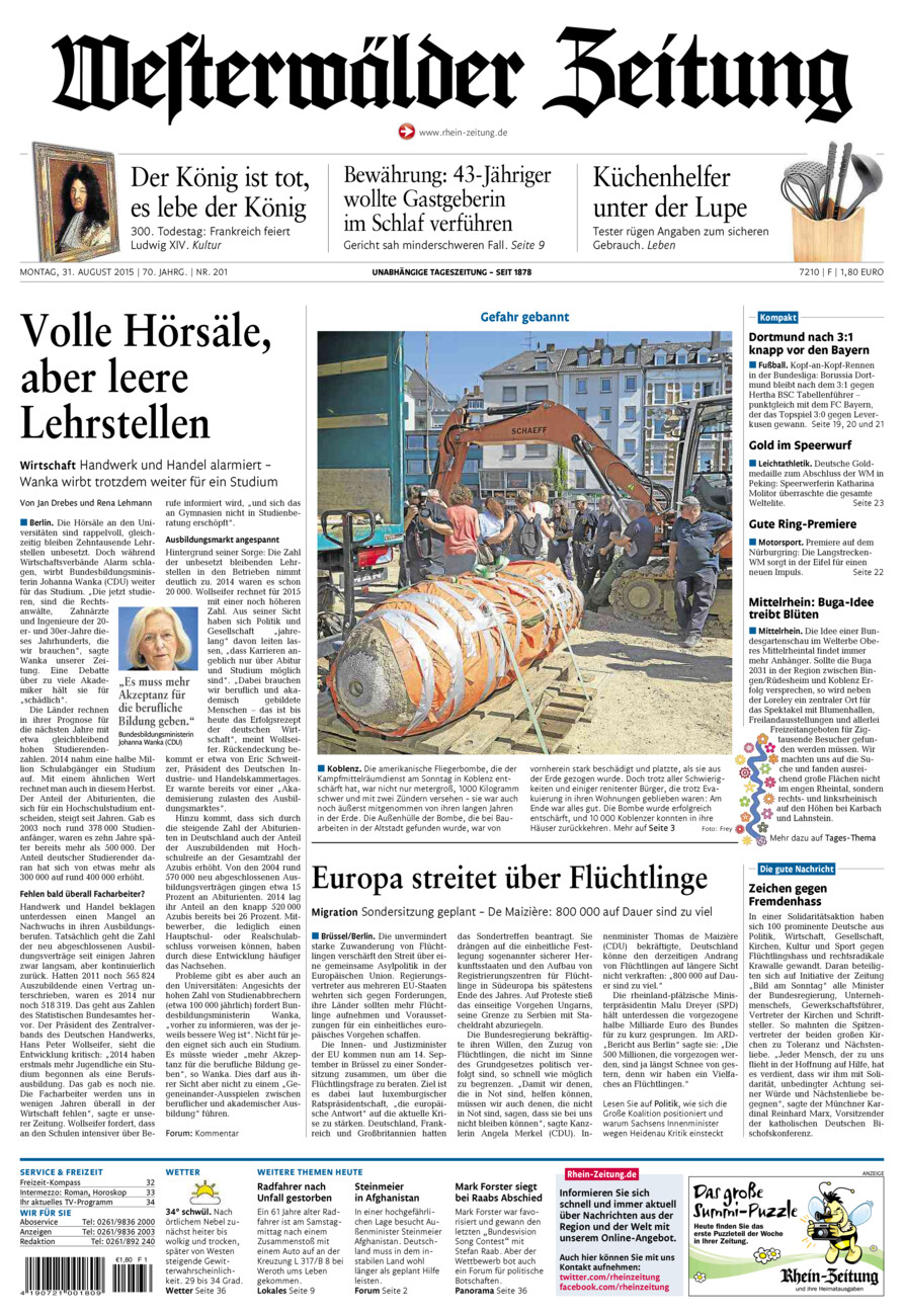 Westerwälder Zeitung vom Montag, 31.08.2015