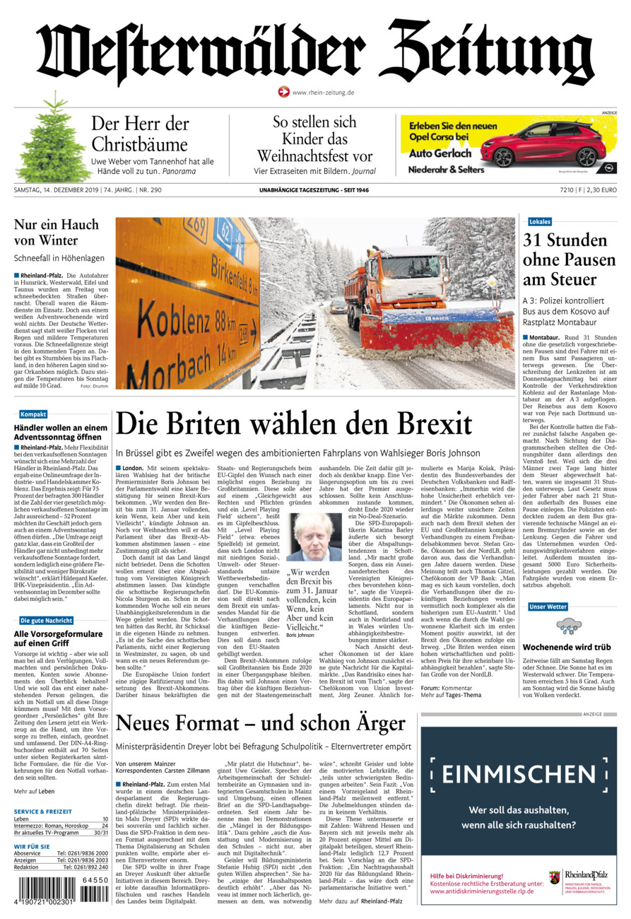 Westerwälder Zeitung vom Samstag, 14.12.2019