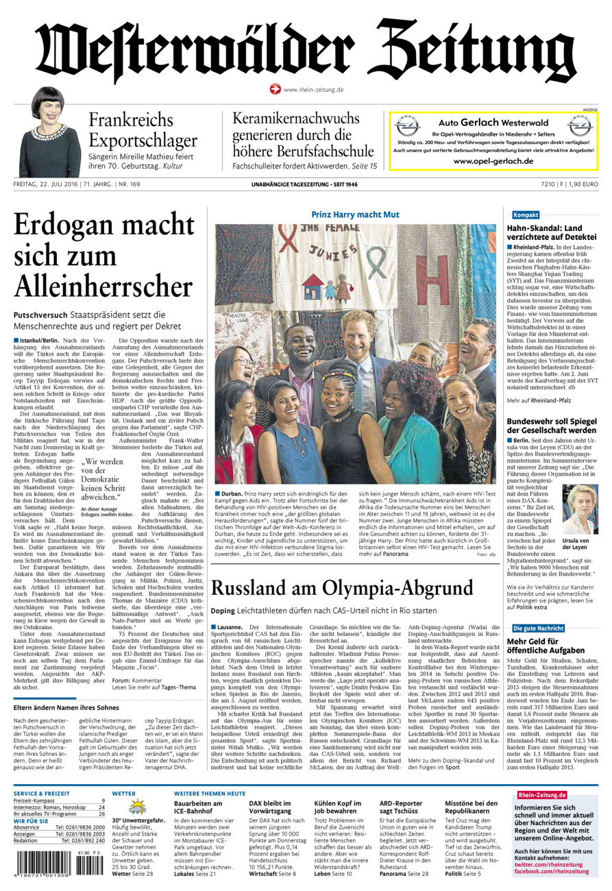 Westerwälder Zeitung vom Freitag, 22.07.2016