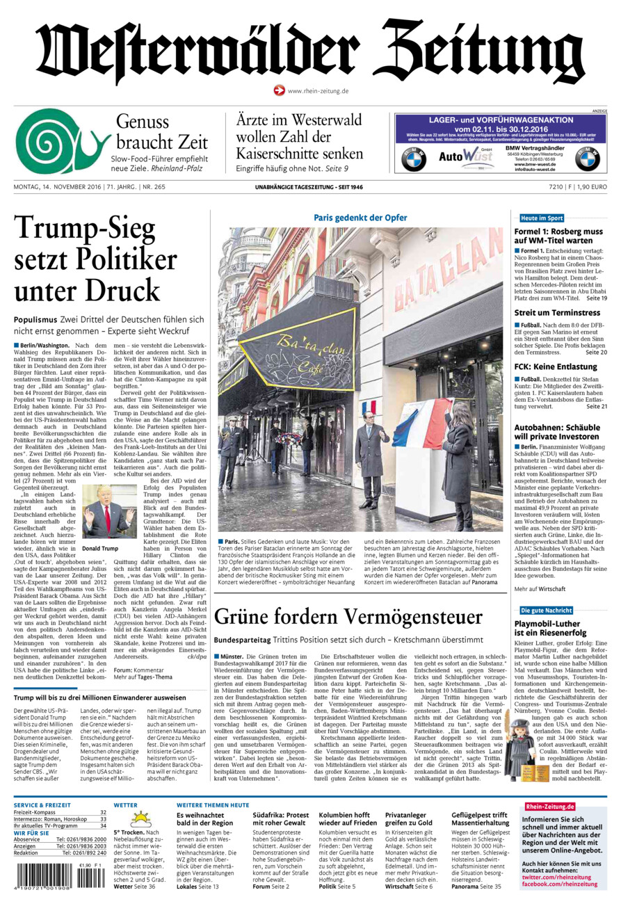 Westerwälder Zeitung vom Montag, 14.11.2016
