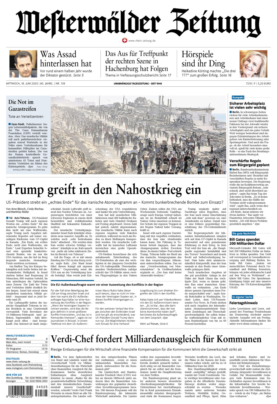 Westerwälder Zeitung vom Mittwoch, 18.06.2025