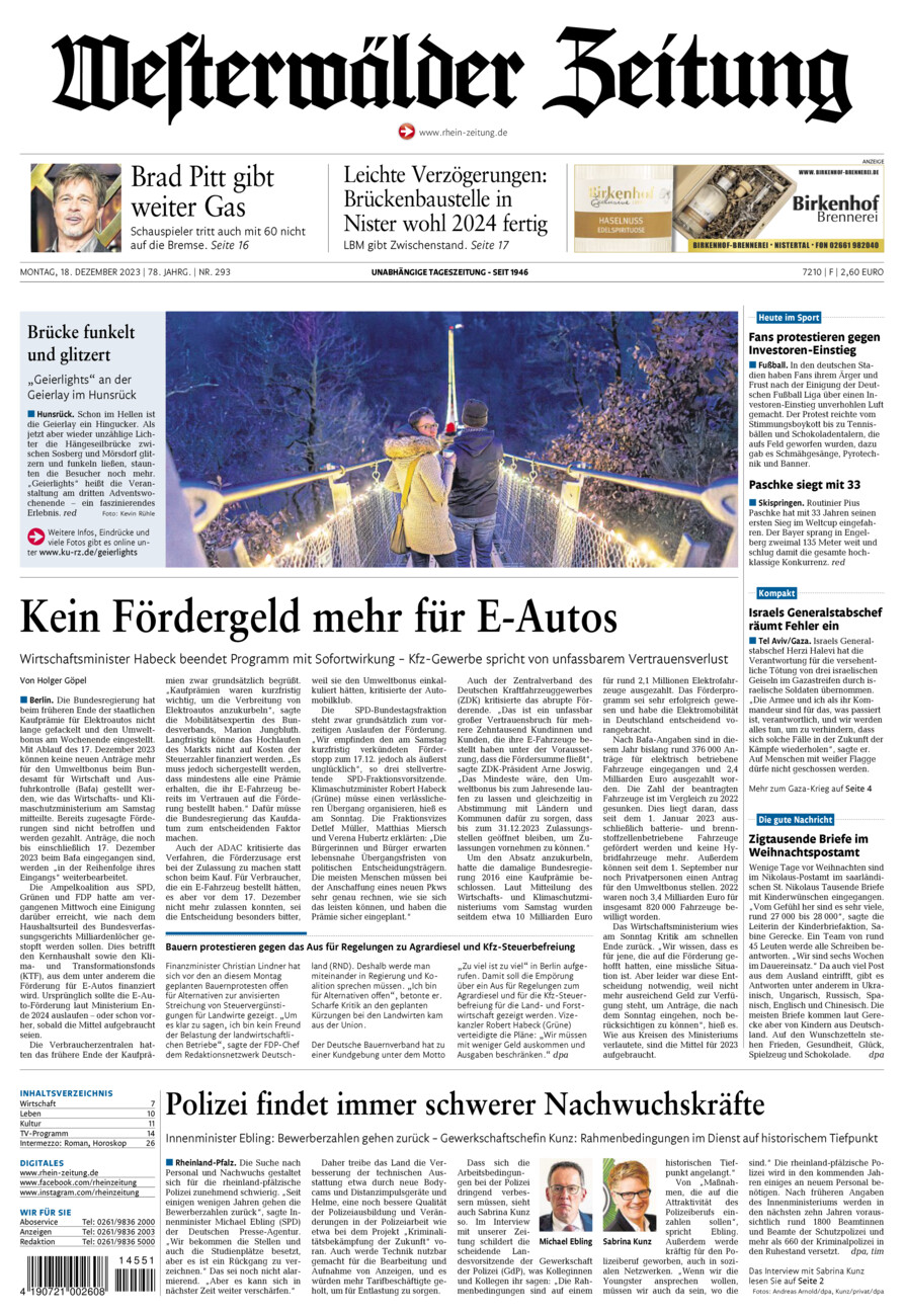 Westerwälder Zeitung vom Montag, 18.12.2023