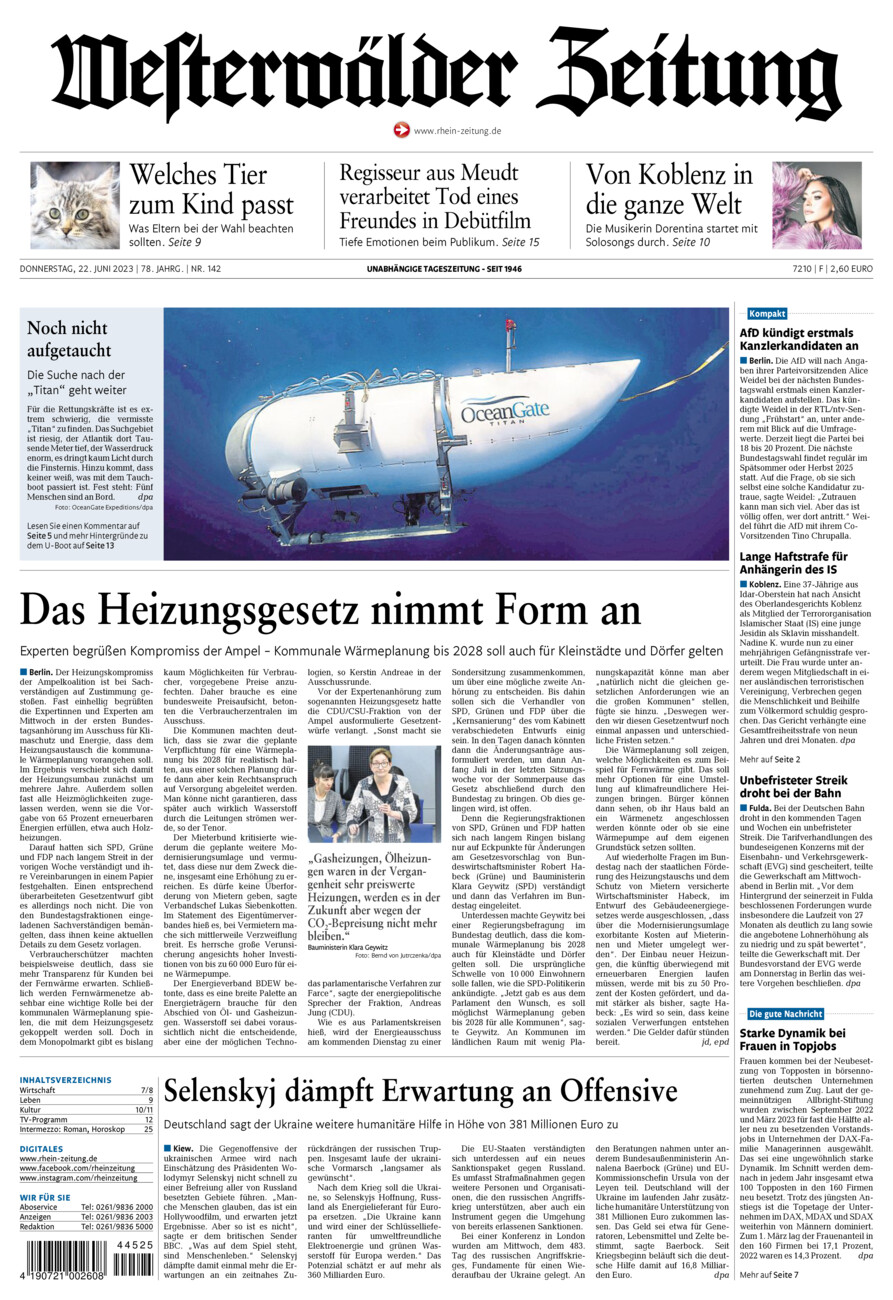 Westerwälder Zeitung vom Donnerstag, 22.06.2023