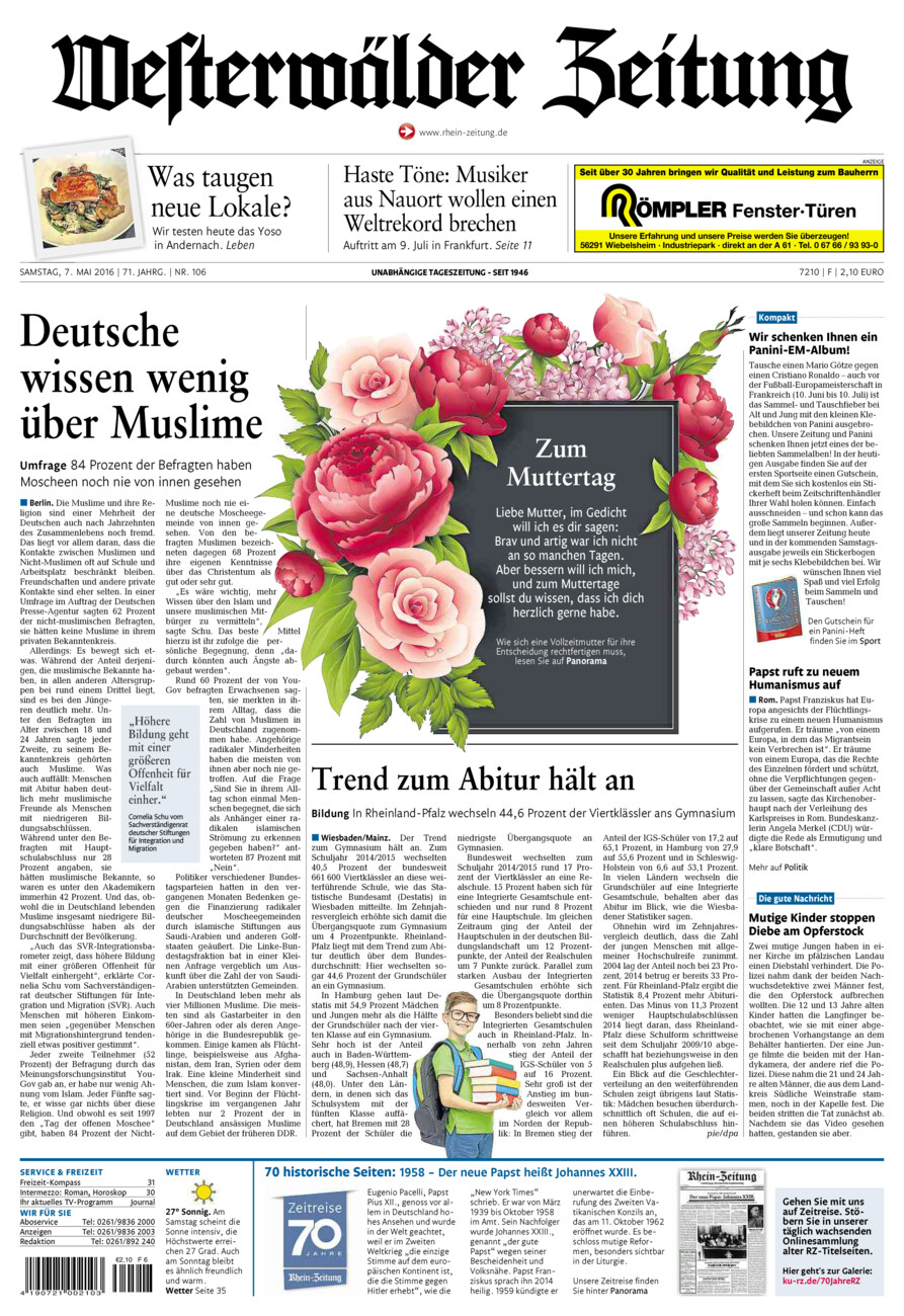 Westerwälder Zeitung vom Samstag, 07.05.2016